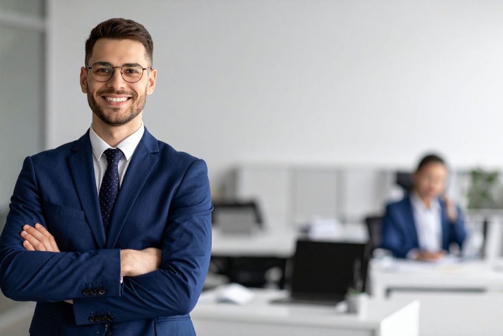 Confident business professional standing in a modern office environment with colleagues working in the background.