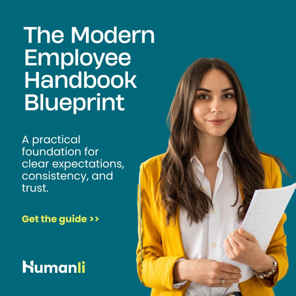 Modern employee handbook blueprint by Humanli highlighting clear expectations, consistency, and trust for growing teams